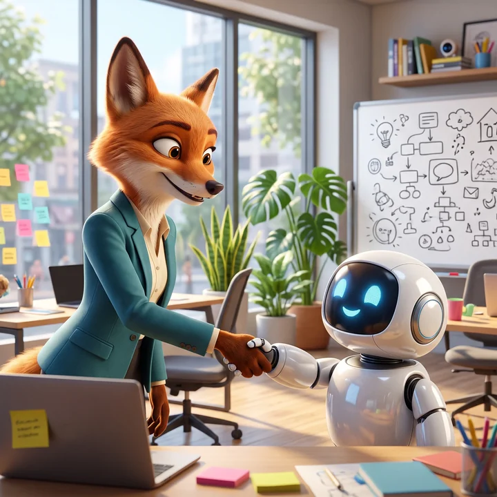 A fox in a suit briefing a small robot at a desk