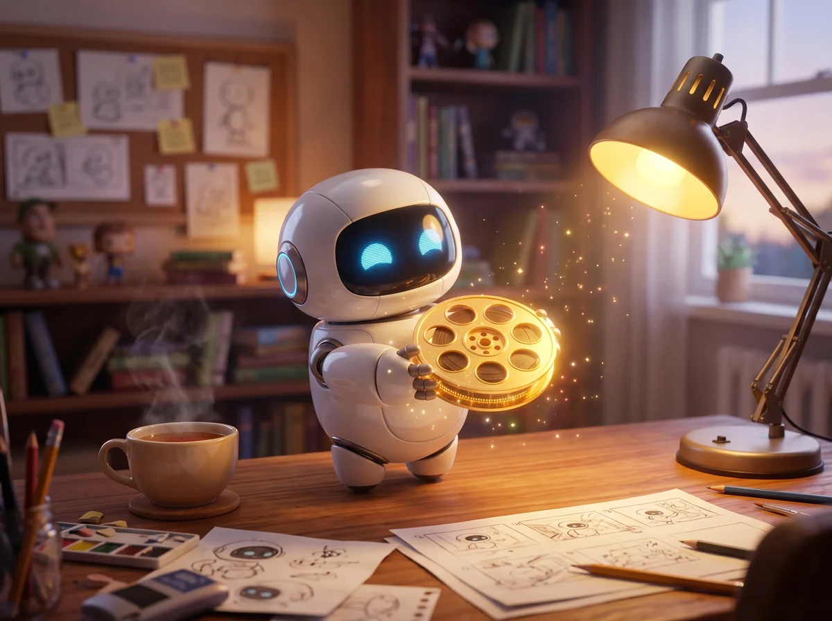 A little robot at a desk holding a film reel