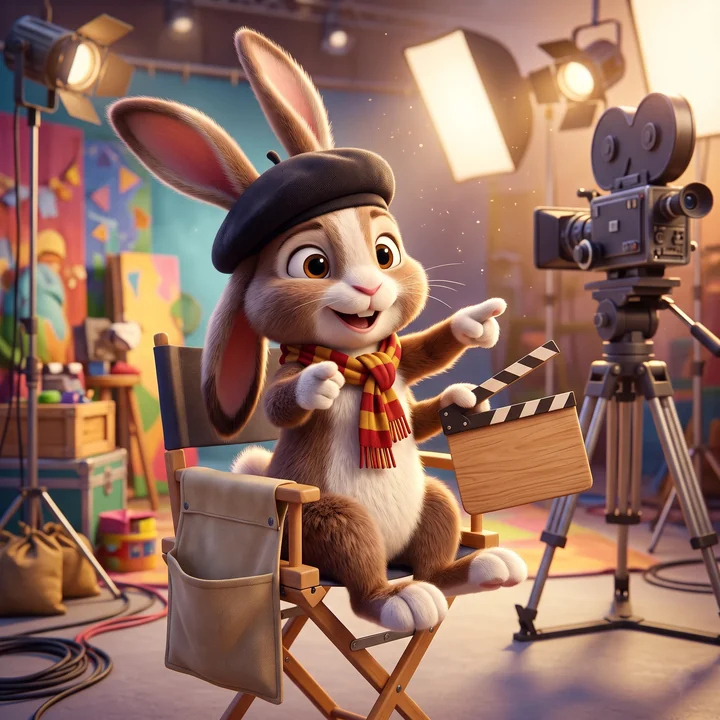 A bunny director with a clapperboard on a film set