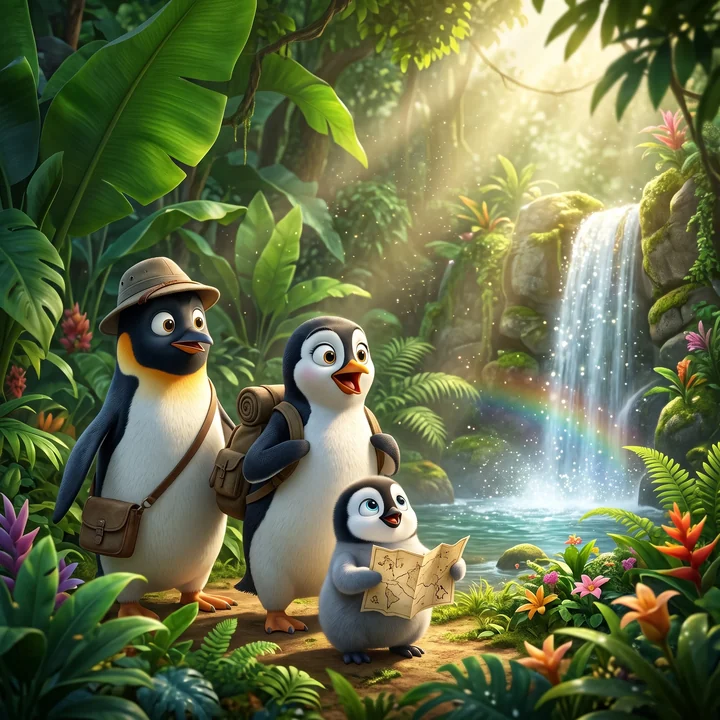 A penguin family exploring a jungle