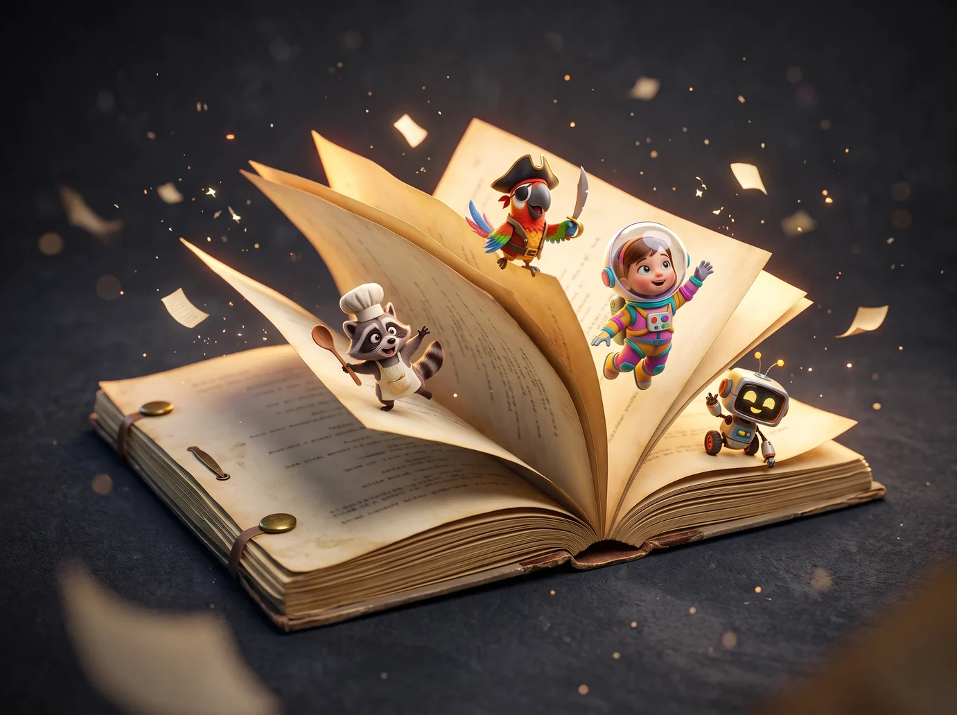 An open storybook with cartoon characters leaping out of the pages