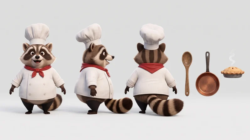 Model sheet: the same raccoon chef from the front, side and back