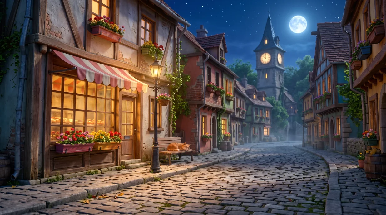 Scene 5 at night: the same street under the moon