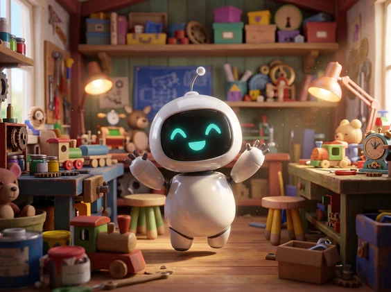 Take 2 of scene 4: a little robot waving in a toy shop