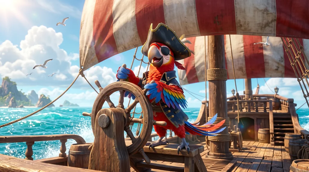 A pirate parrot at a ship’s wheel, framed for a low-angle shot