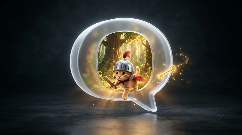 A kitten knight holding a golden key, inside a glass chat bubble