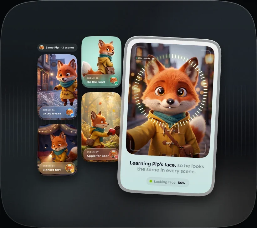 The same fox character locked across every scene