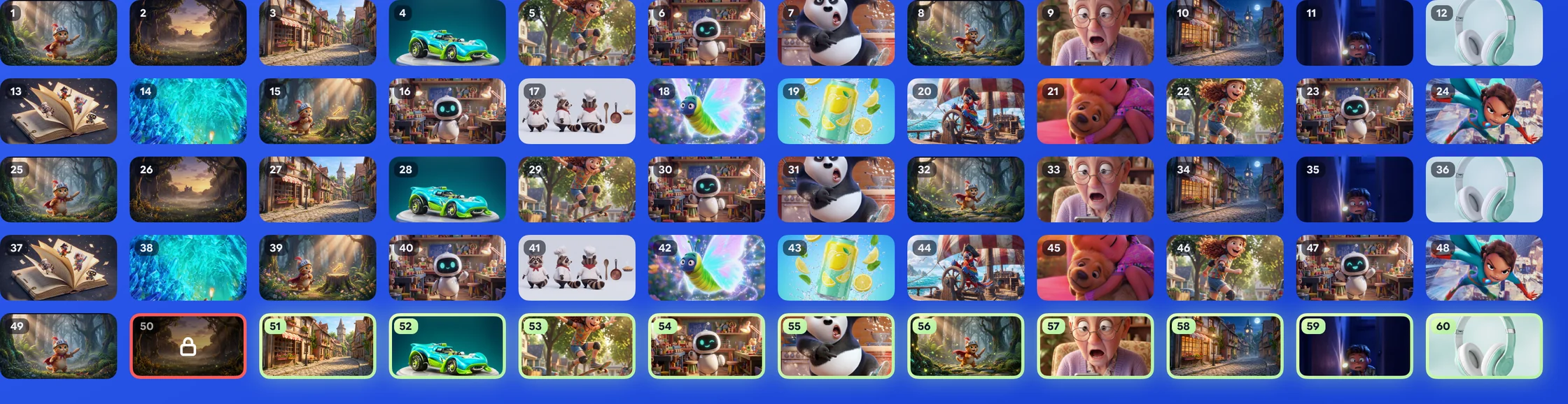 Sixty film thumbnails: films 1 to 50 on Commercial, film 50 locked, films 51 to 60 unlocked on Elite