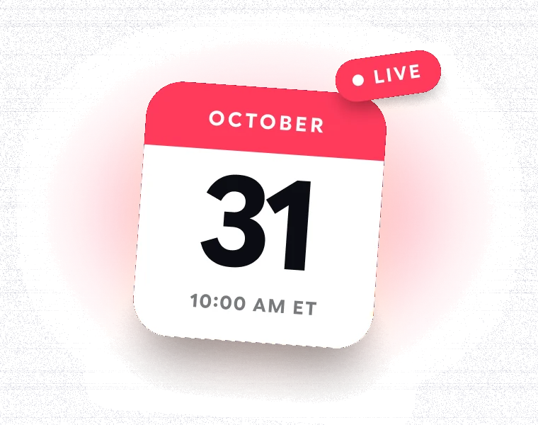 Calendar page: October 31, 10:00 AM ET, with a LIVE badge