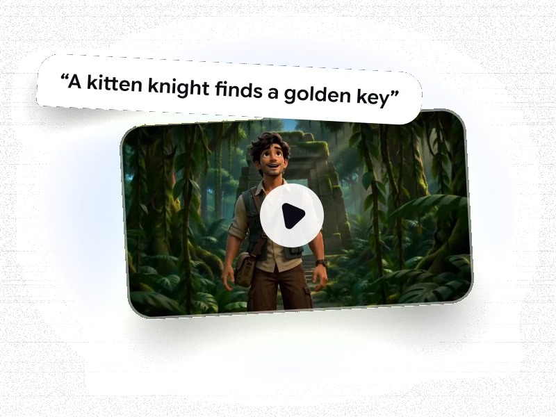 Live demo: the prompt “A kitten knight finds a golden key” above a finished cartoon clip