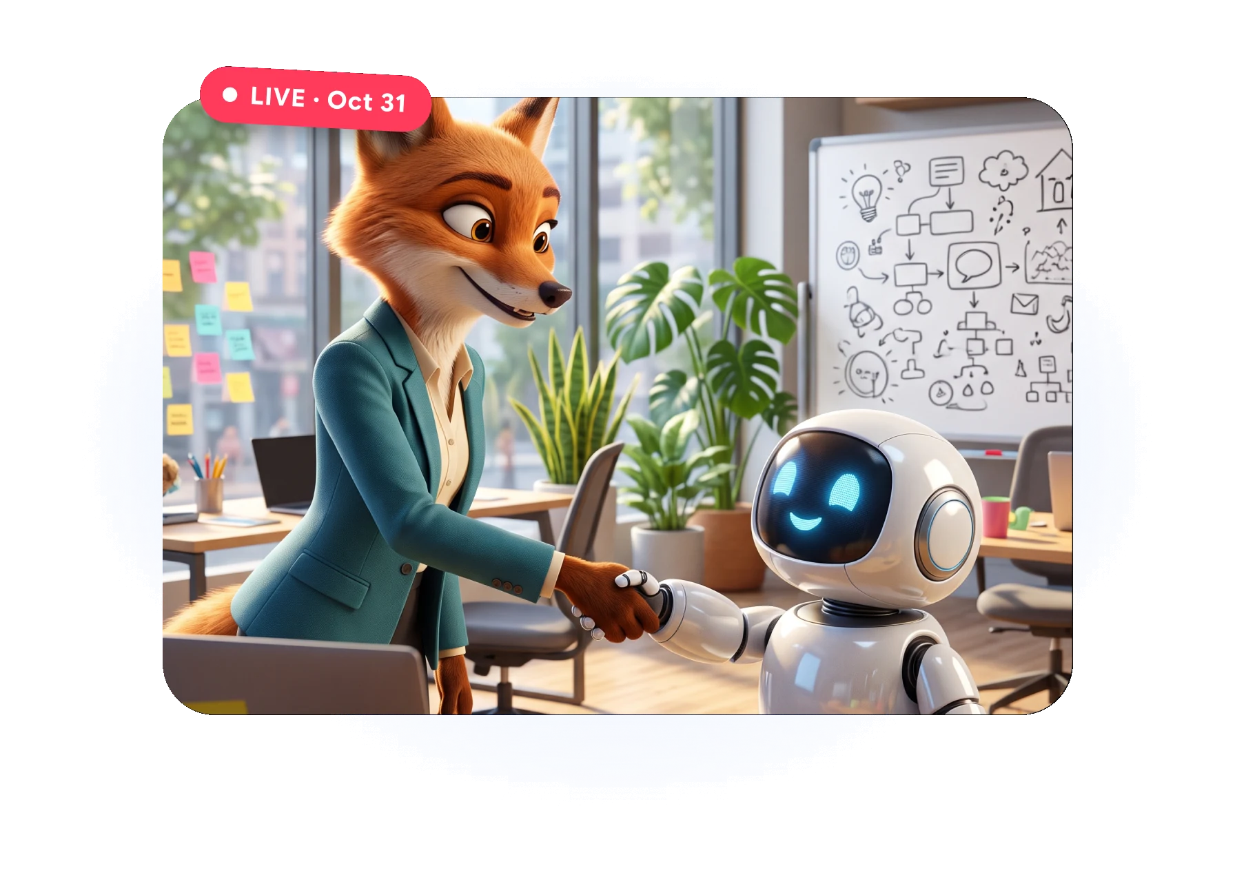 Cartoon fox in a blazer shaking hands with a friendly robot in a bright office, with a LIVE · Oct 31 badge