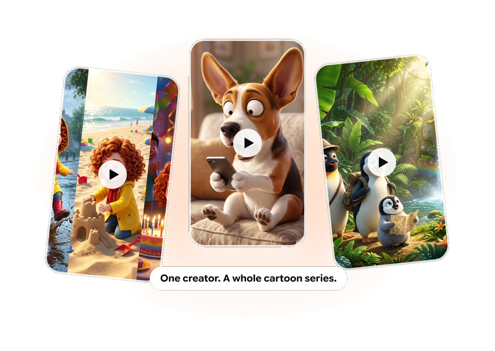 Three vertical cartoon episodes: a girl building a sandcastle, a corgi with a phone and a penguin family in the jungle. One creator. A whole cartoon series.