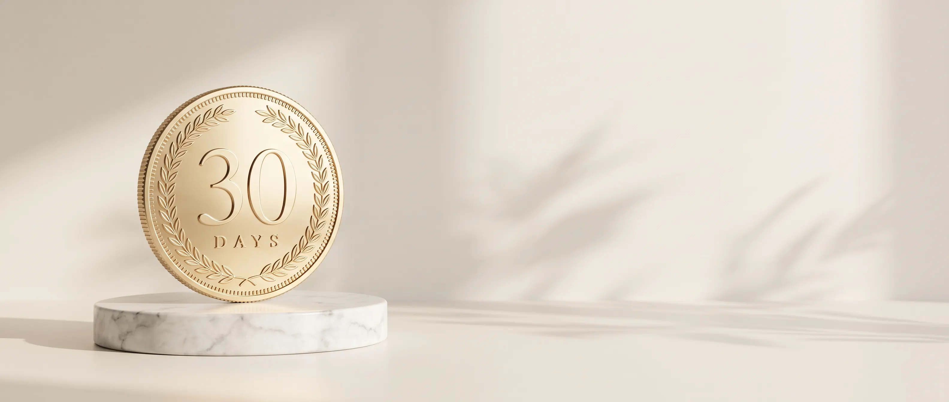 A gold coin reading 30 days on a marble stand