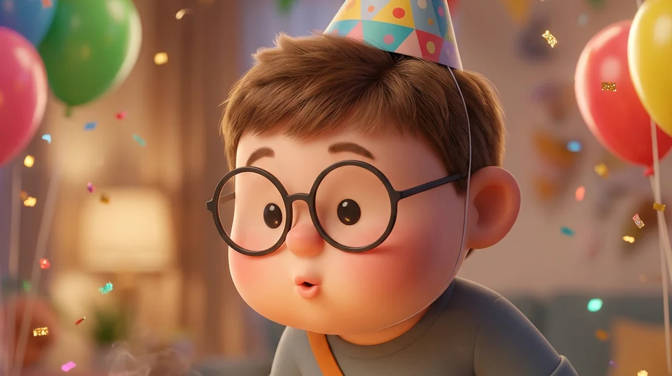 The cartoon boy in a party hat at a birthday party