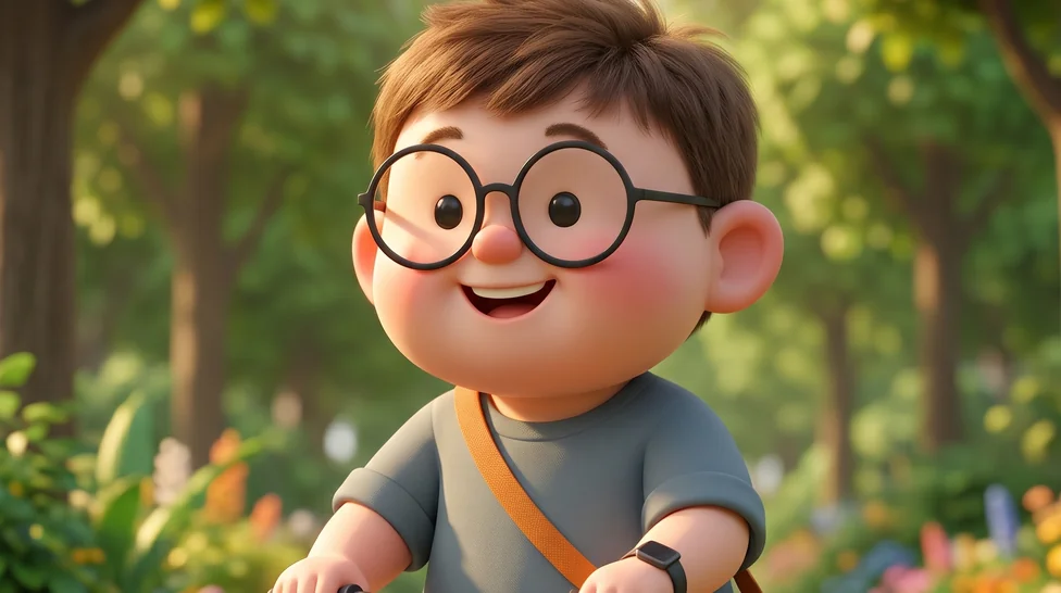 The cartoon boy riding through a park