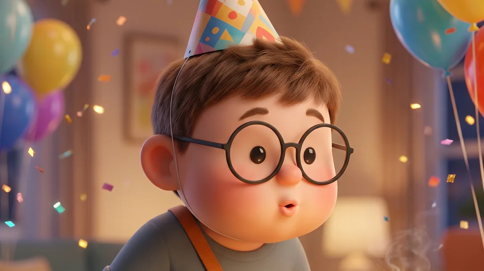 The cartoon boy blowing out birthday candles