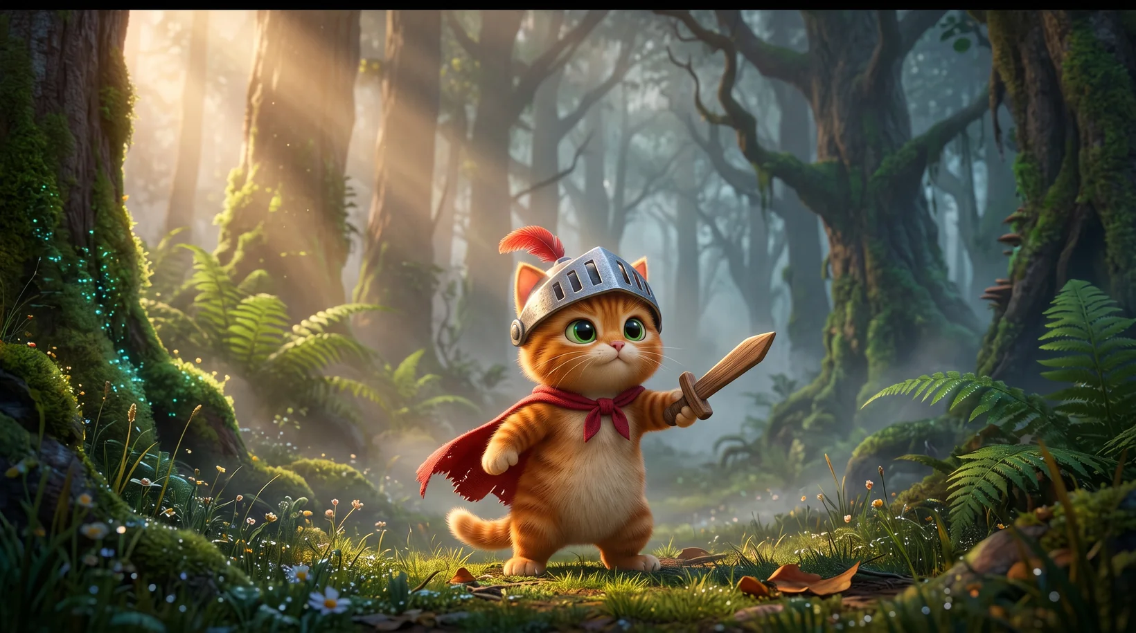 A kitten knight in a forest — made with RocketToons Studio
